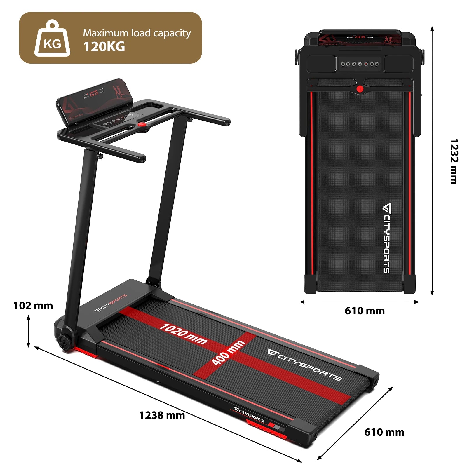CITYSPORTS PRO Folding Treadmill, Electric Treadmill, 2 in 1 Treadmill for Home Office, 120kg,1-12km/h, APP, Remote Control