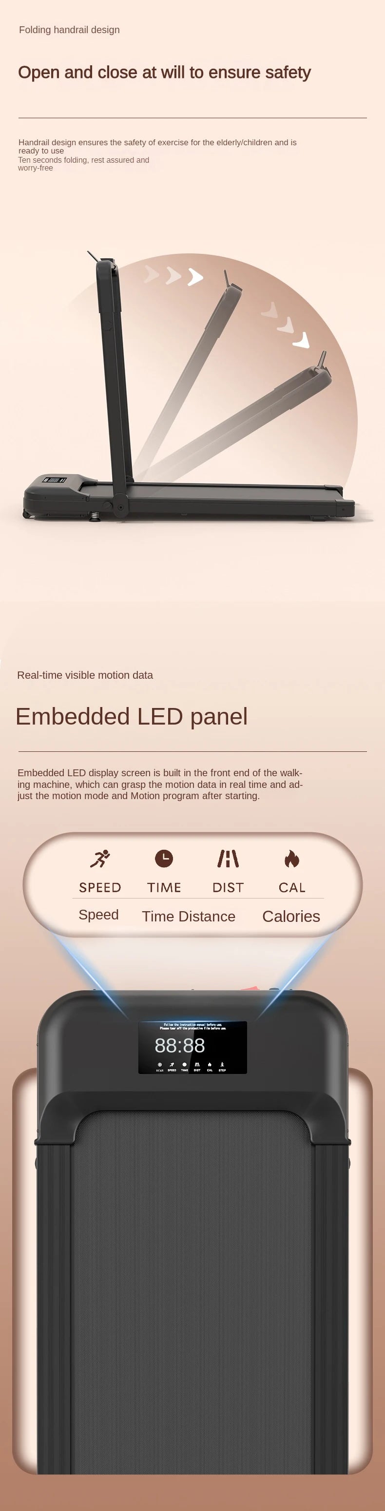 Smart Fitness Exercise Treadmill Running Walking Pad LED Display Under Desk Multi Function Portable Running Machine With Handle