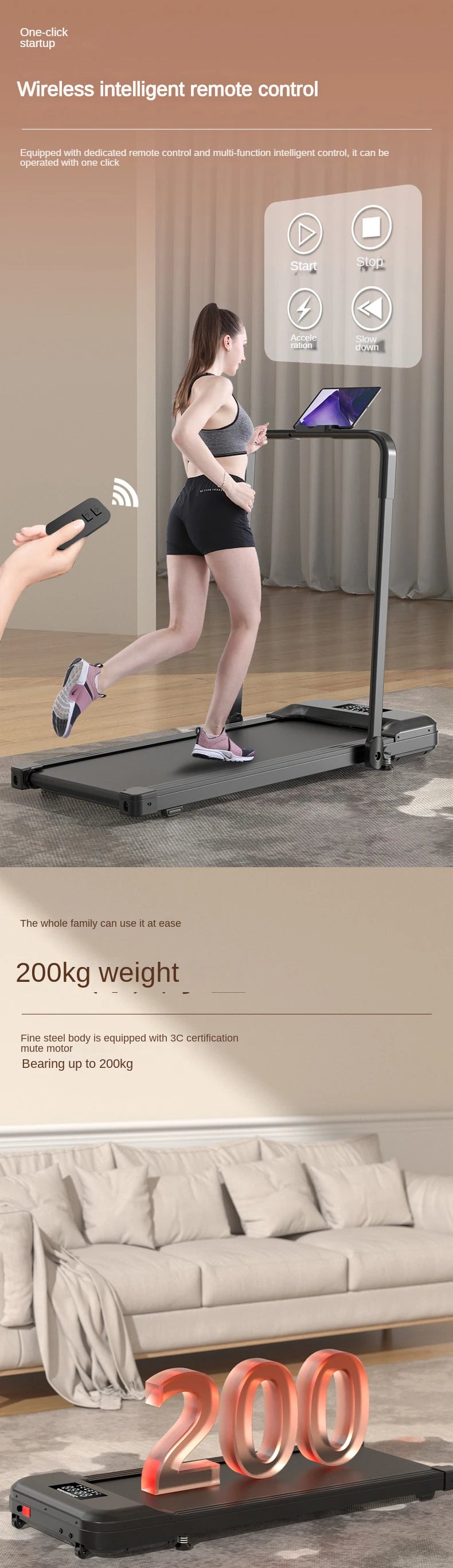 Smart Fitness Exercise Treadmill Running Walking Pad LED Display Under Desk Multi Function Portable Running Machine With Handle