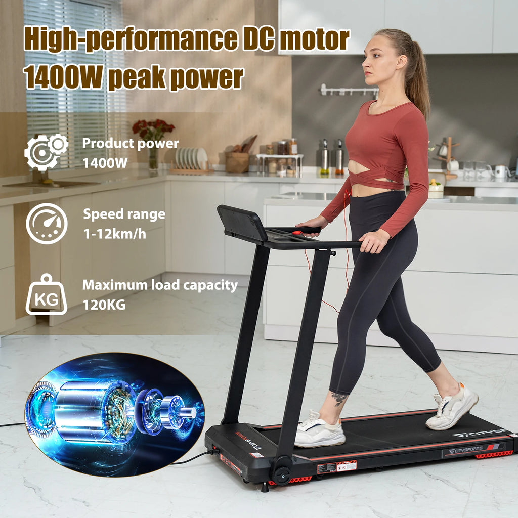 CITYSPORTS PRO Folding Treadmill, Electric Treadmill, 2 in 1 Treadmill for Home Office, 120kg,1-12km/h, APP, Remote Control