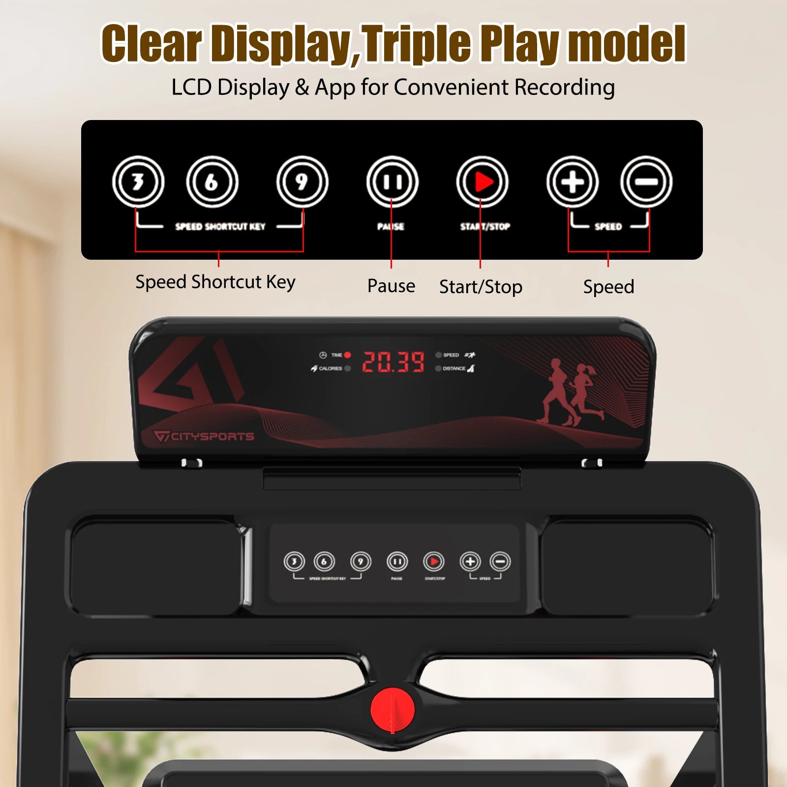 CITYSPORTS PRO Folding Treadmill, Electric Treadmill, 2 in 1 Treadmill for Home Office, 120kg,1-12km/h, APP, Remote Control