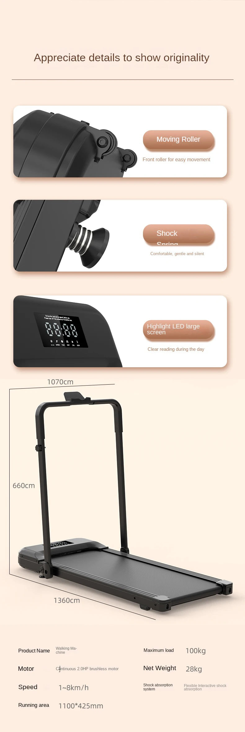 Smart Fitness Exercise Treadmill Running Walking Pad LED Display Under Desk Multi Function Portable Running Machine With Handle