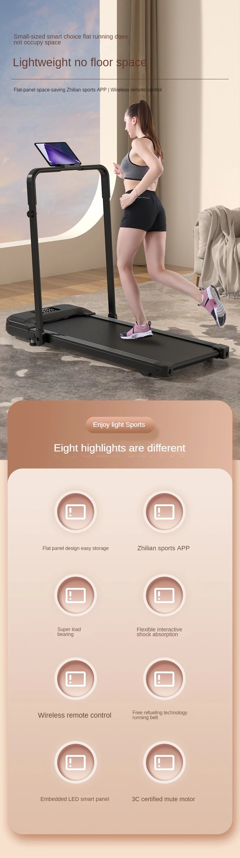 Smart Fitness Exercise Treadmill Running Walking Pad LED Display Under Desk Multi Function Portable Running Machine With Handle
